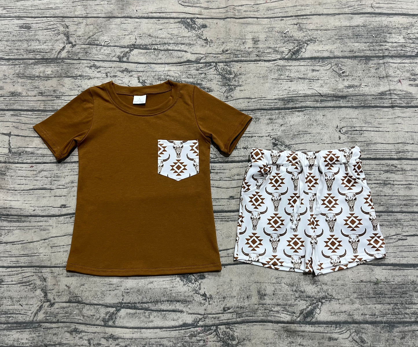 Baby Boy Pocket Brown Shirt Aztec Cow Shorts Clothes Summer Set RTS