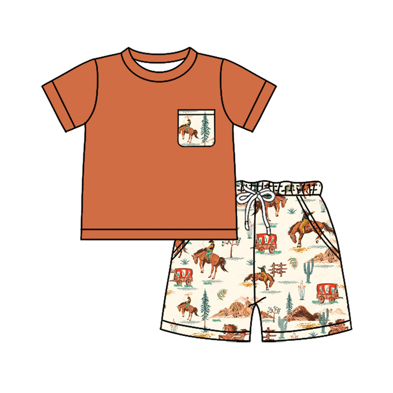 Preorder Baby Boy Kids Toddler Summer Brown Pocket Shirt Rodeo Shorts Clothes Set ( Moq 5 )
