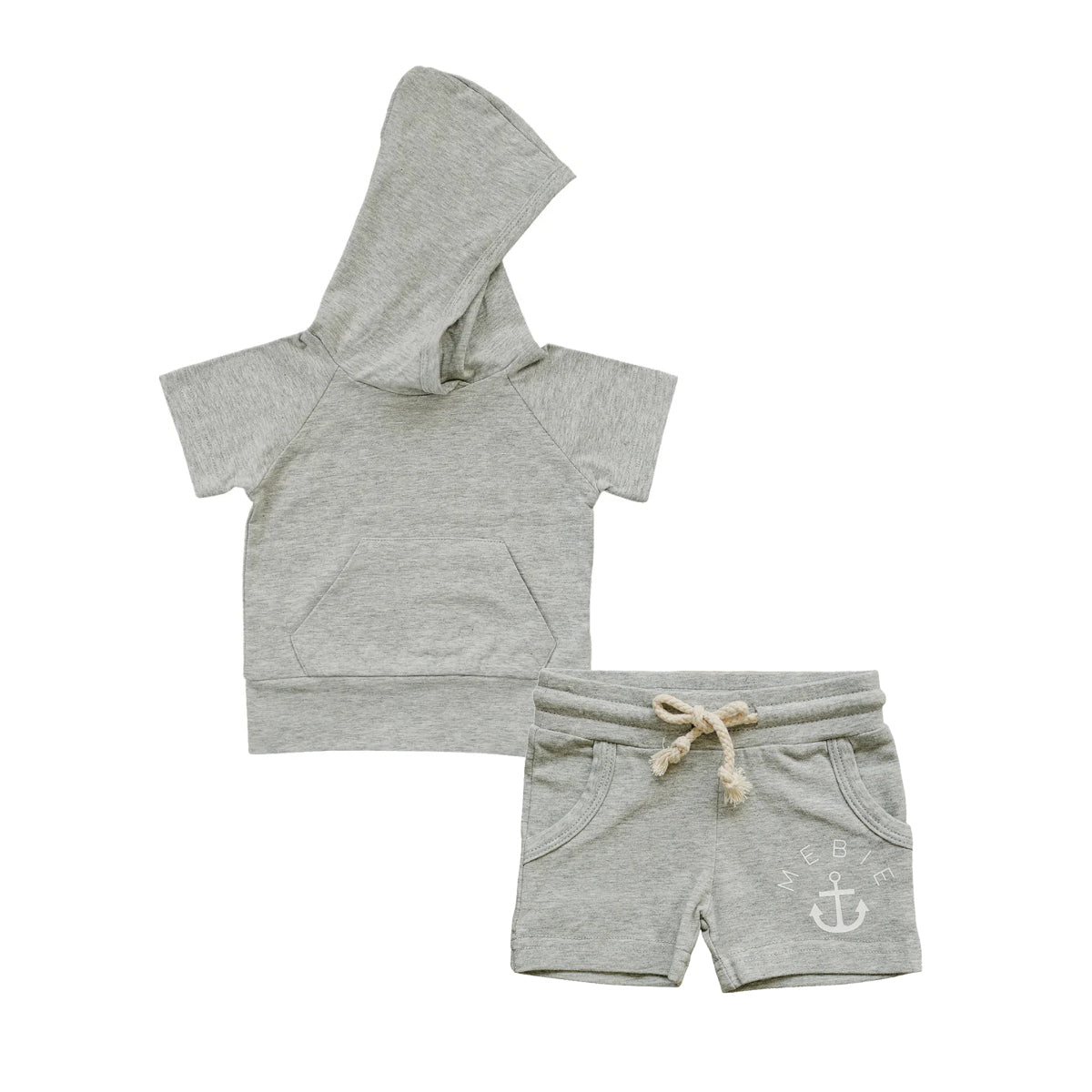 Preorder Baby Boy Short Sleeves Hoodie Shirt Pockets Shorts Cotton Grey Clothes Set ( Moq 5 )