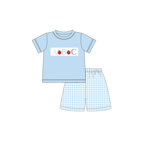 Preorder Baby Girl Back To School ABC Apple Shirt Checked Shorts Blue Set ( Moq 5 )