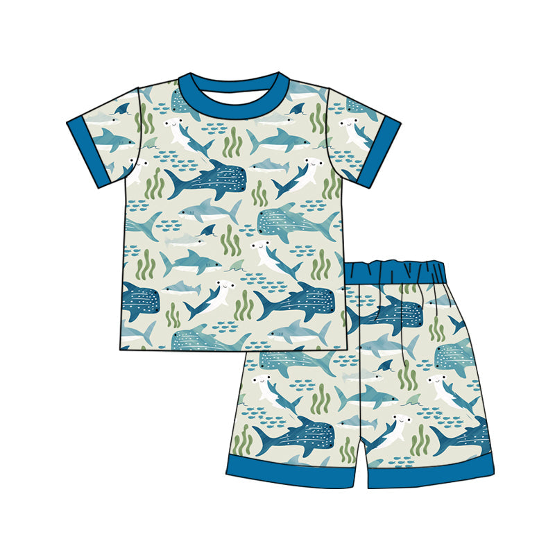 Preorder Baby Boy Sharks Shirt Shorts Blue Pajamas Clothes Set ( Moq 5 )