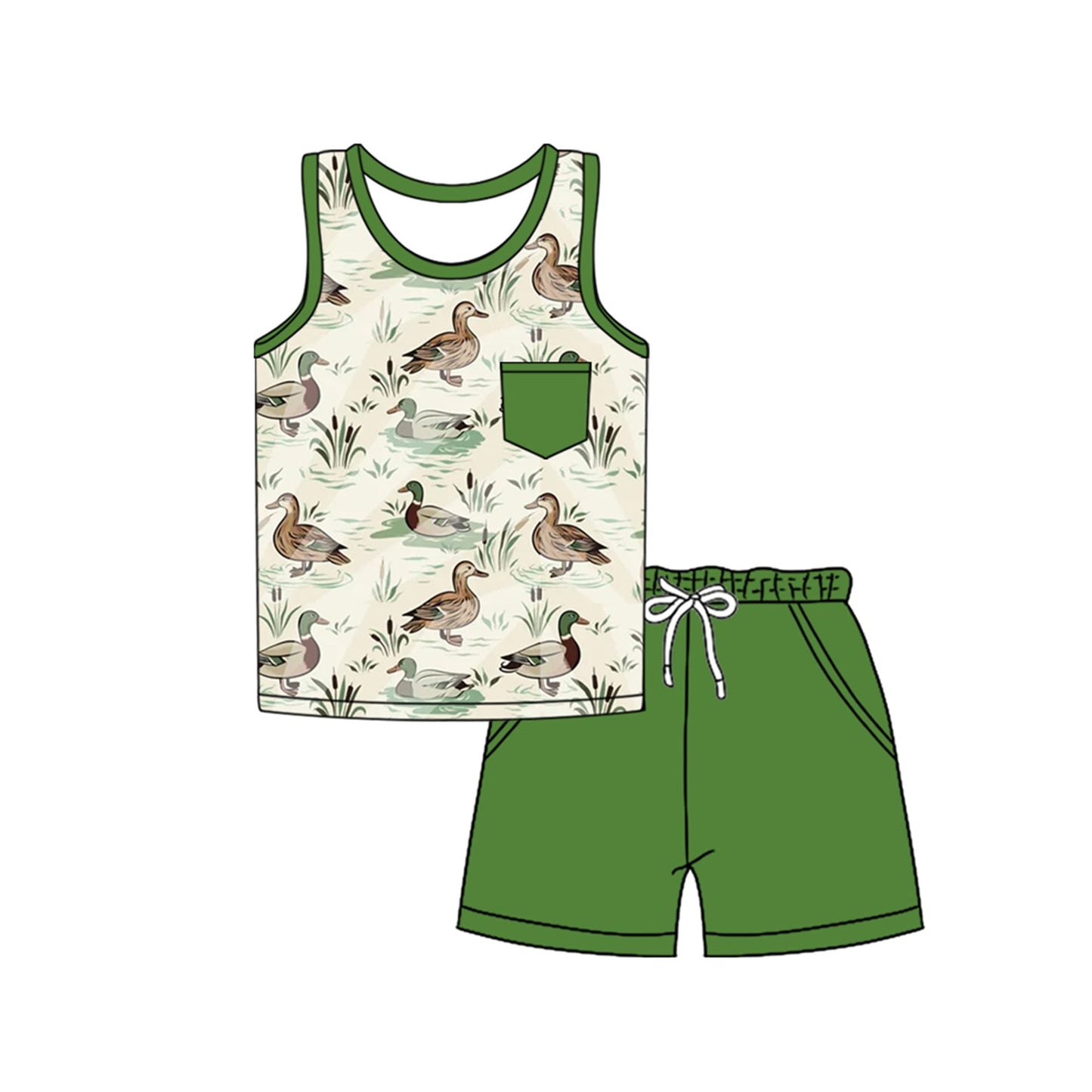 Preorder Baby Boy Sleeveless Ducks Shirt Green Shorts Clothes Set ( Moq 5 )