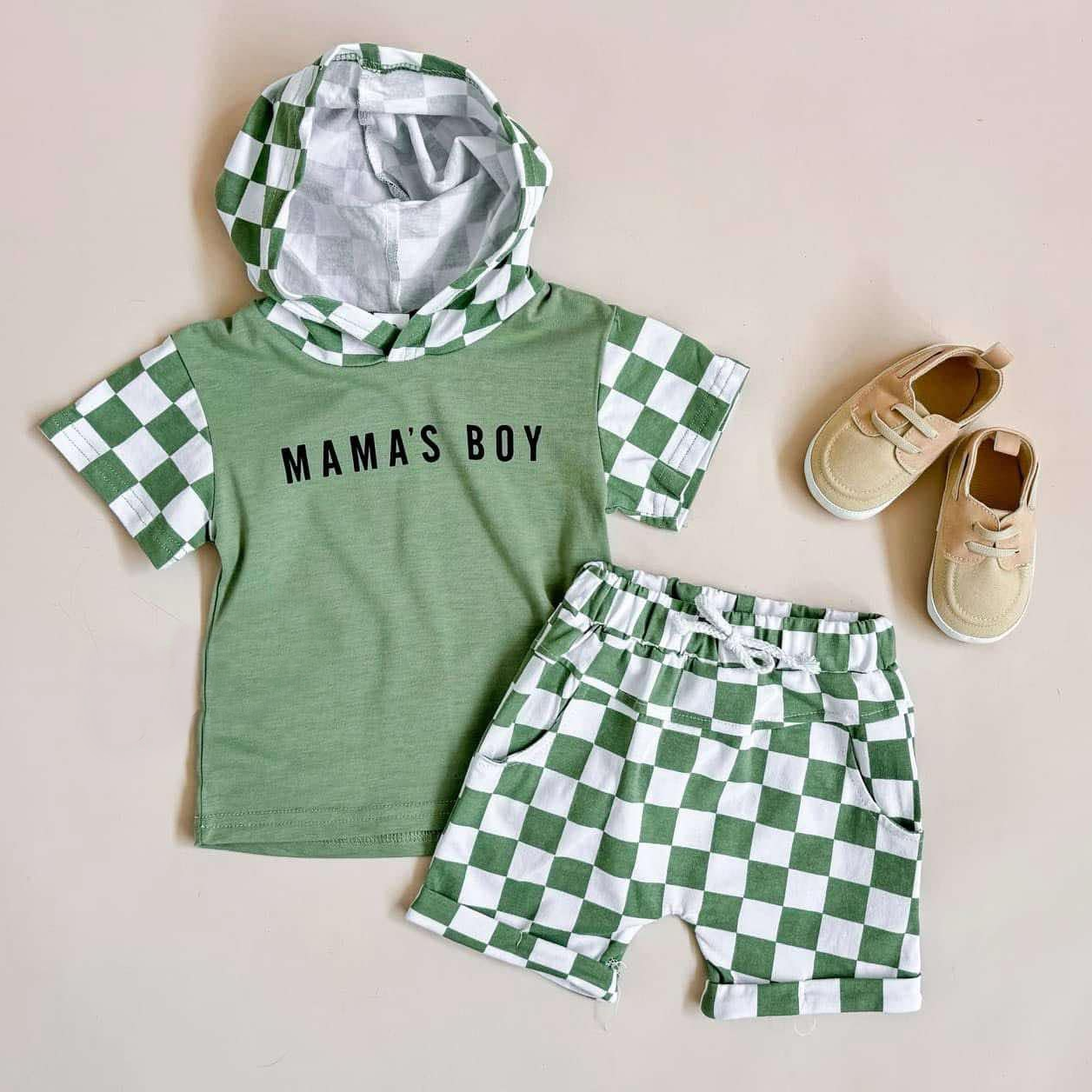 Preorder Baby Kids Mama's Boy Hoodie Green Shirt Checked Shorts Clothes Set ( Moq 5 )