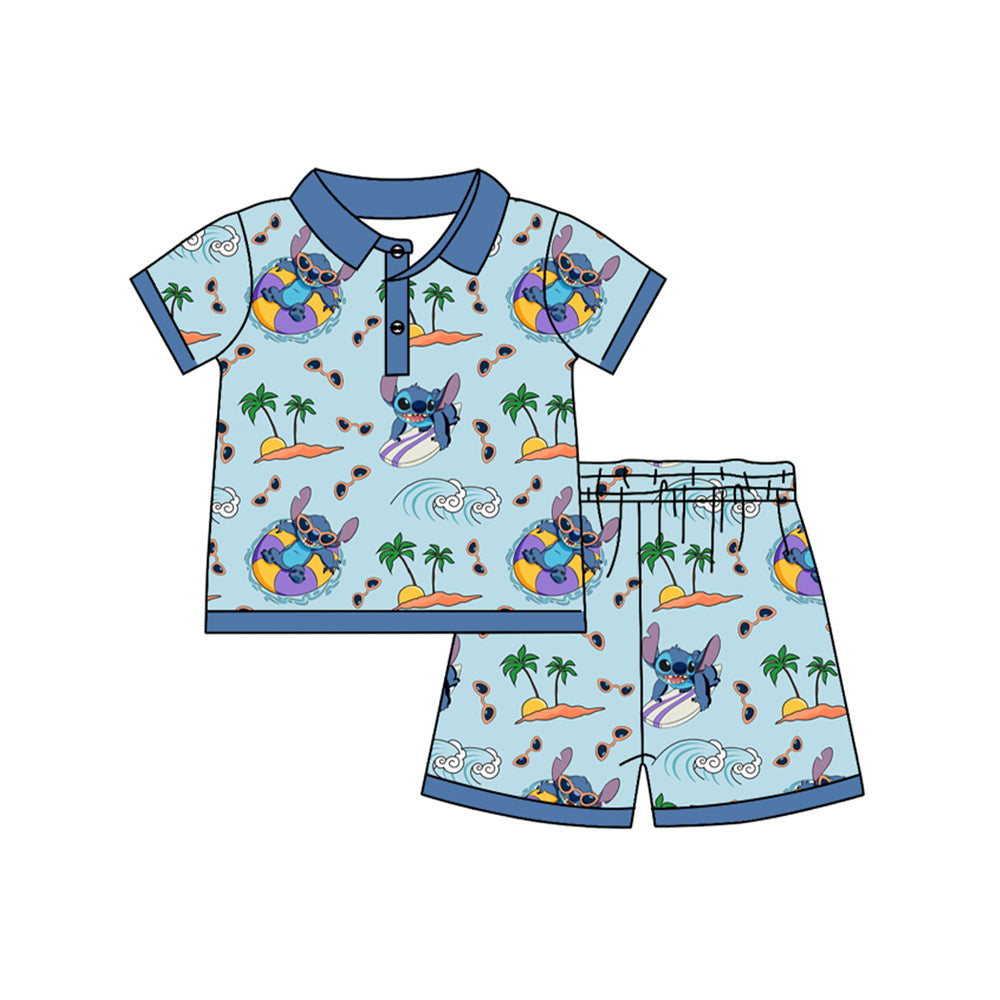 Preorder Baby Boy Short Sleeves Cartoon Blue Shirt Shorts Set ( Moq 5 )