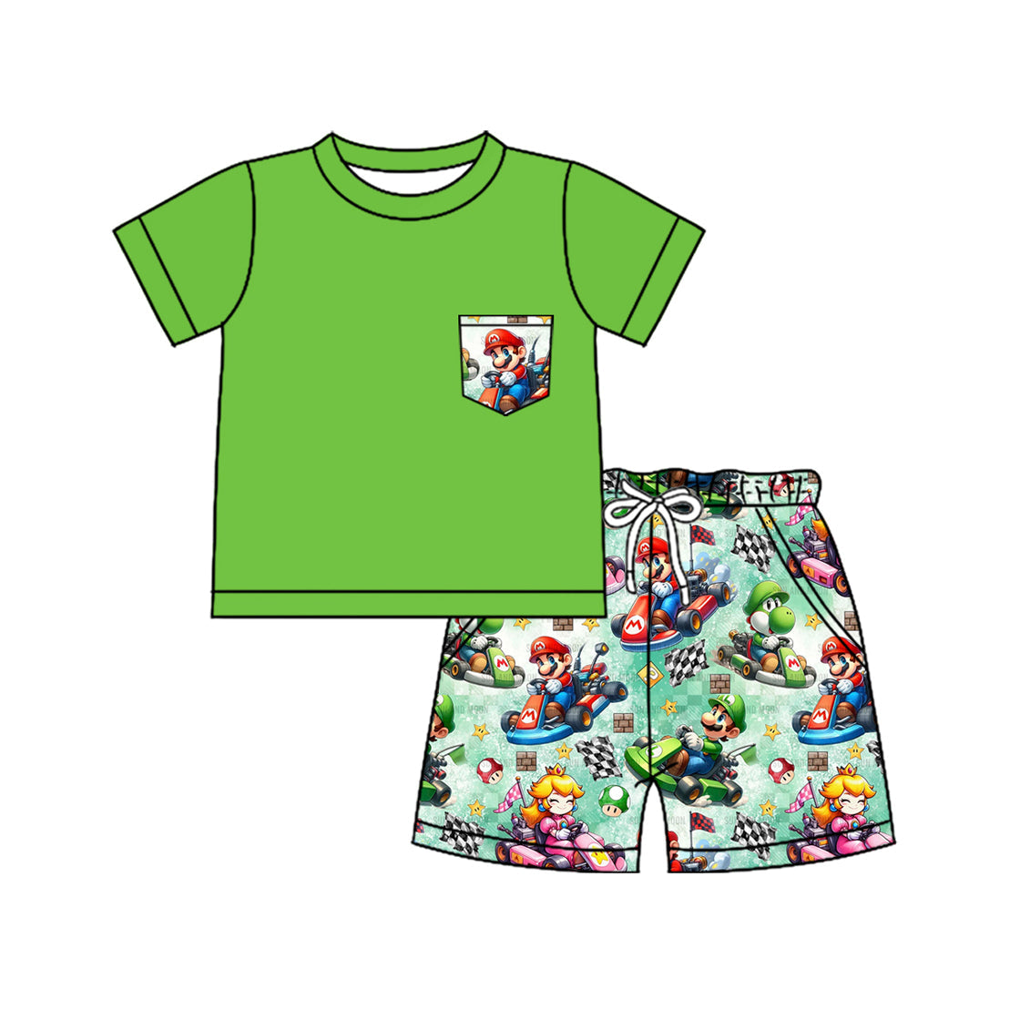Preorder Baby Boys Green Pocket Shirt Cartoon Game Shorts Clothes Set ( Moq 5 )