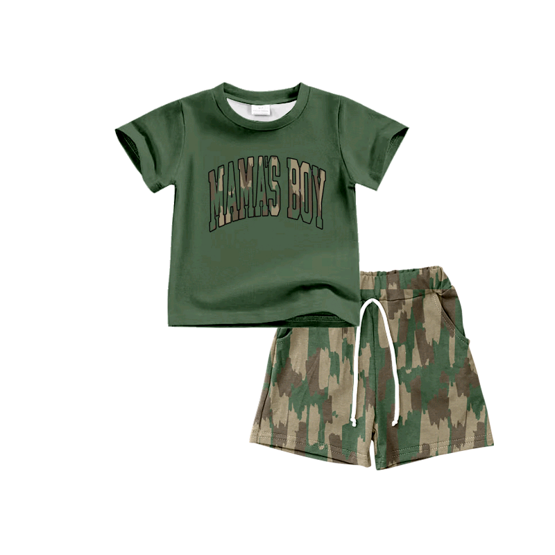 Preorder Baby Kids Green Short Sleeves Mama's Boy Shirt Camo Shorts Clothes Set ( Moq 5 )