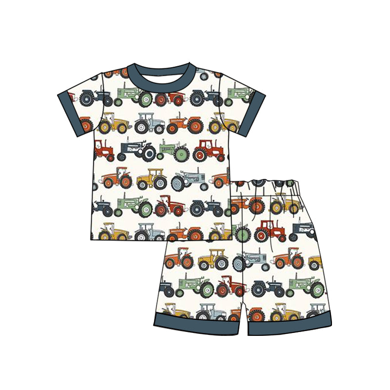 Preorder Baby Boy Short Sleeves Farm Tractors Pocket Shirt Shorts Pajamas Set ( Moq 5 )