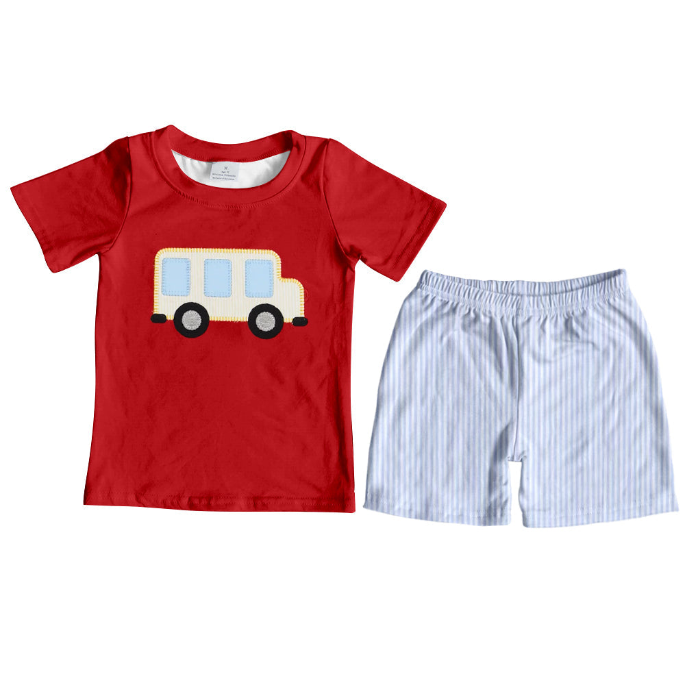 Preorder Baby Boy Back To School Bus Red Shirt Stripes Short Set ( Moq 5 )