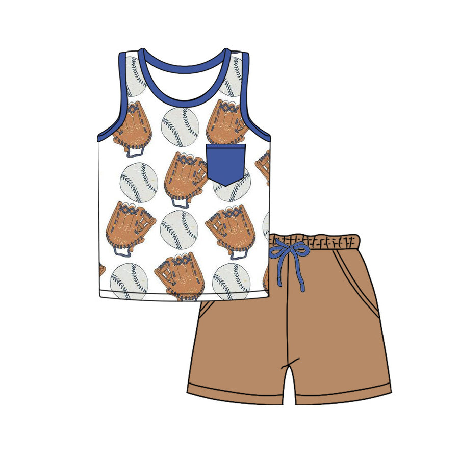 Preorder Baby Boy Sleeveless Baseball Pocket Shirt Shorts Clothes Set ( Moq 5 )