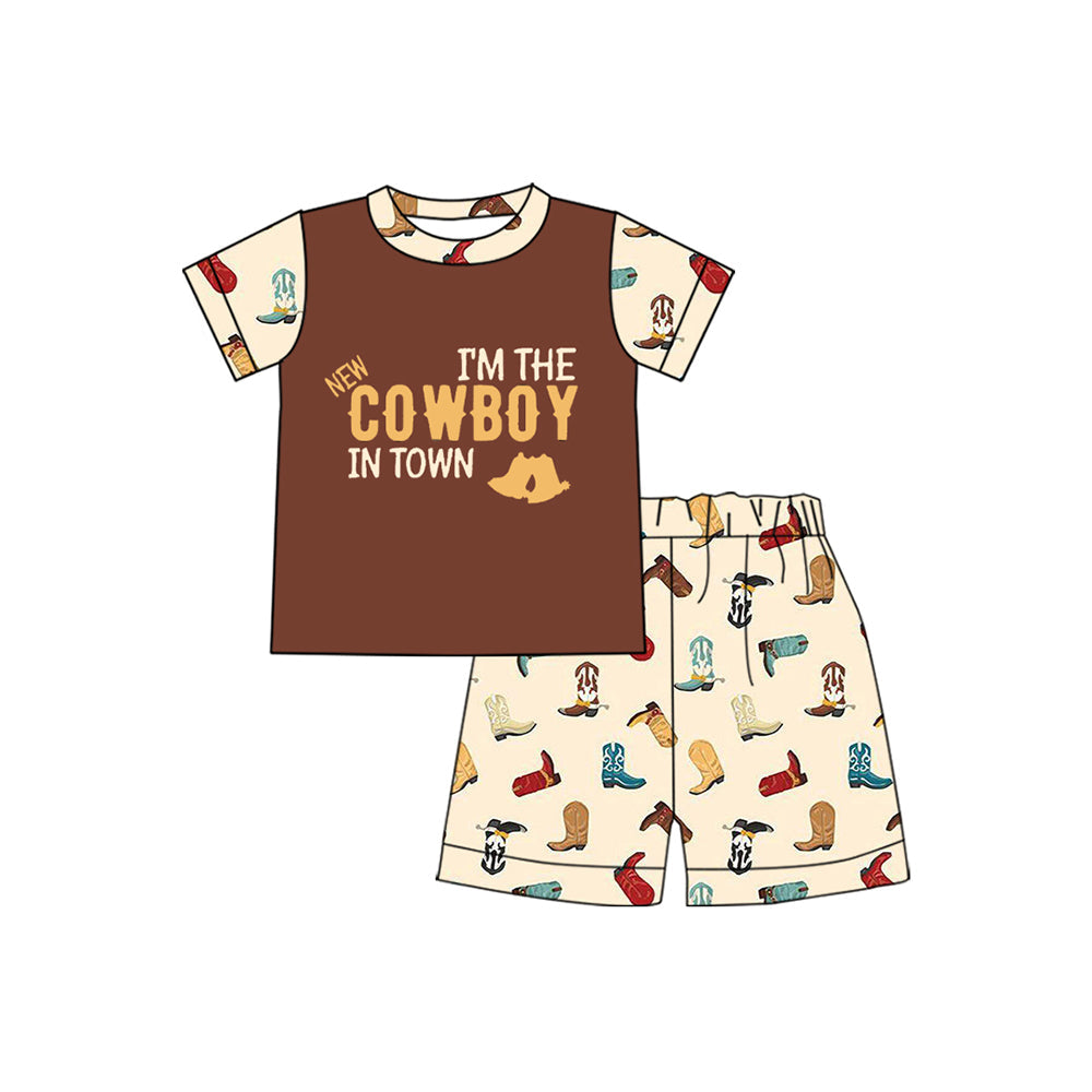 Preorder Baby Boy Short Sleeves Cowboy Shirt Western Boots Shorts Clothes Set ( Moq 5 )