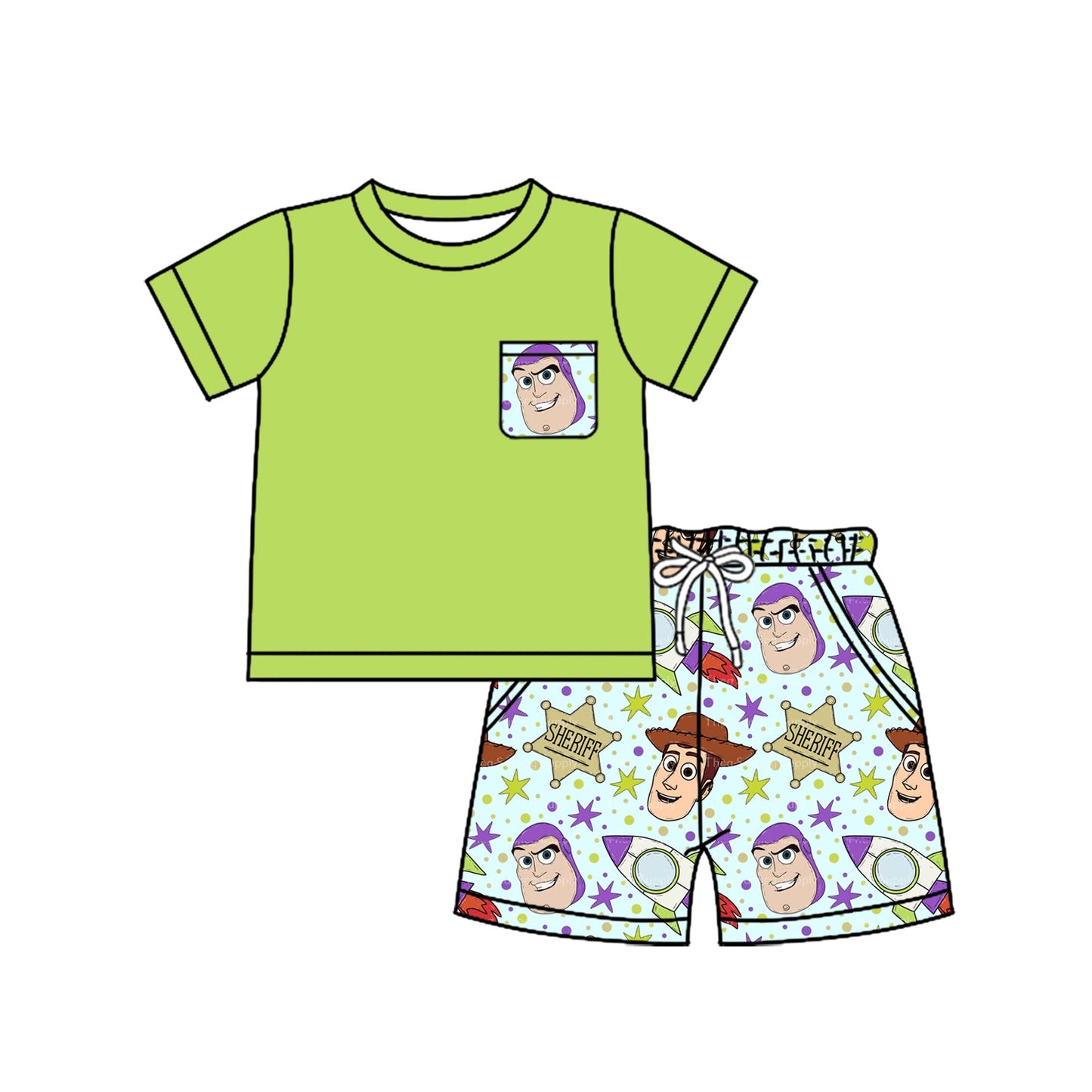 Baby Boy Short Sleeves Green Shirt Cartoon Toys Shorts Clothes Set RTS