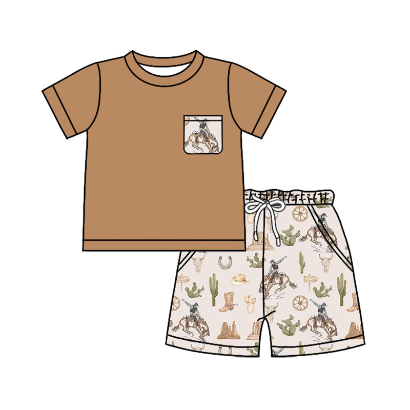 Preorder Baby Boy Short Sleeves Brown Shirt Western Rodeo Cactus Shorts Clothes Set ( Moq 5 )