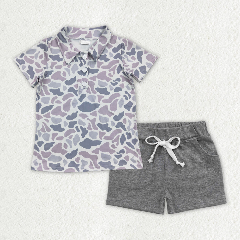 Baby Boy Short Sleeves Camo Buttons Shirt Pockets Grey Shorts Clothes Set RTS