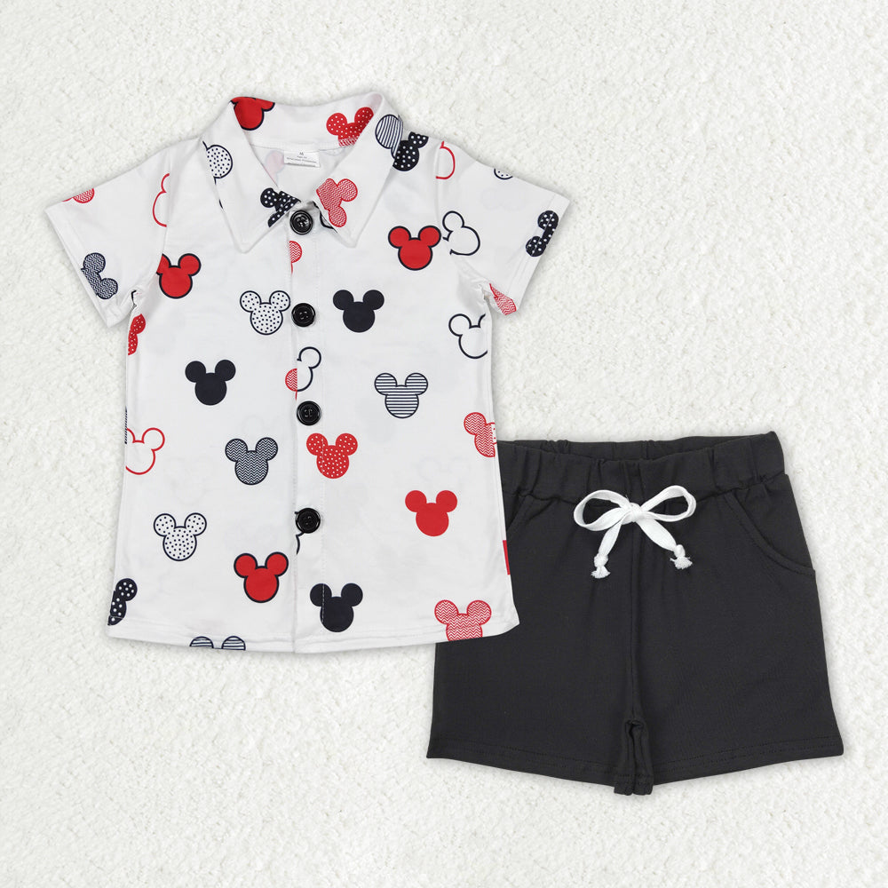 Baby Boy Short Sleeves Mouse Buttons Shirt Pockets Black Shorts Clothes Set RTS