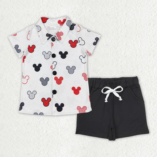 Baby Boy Short Sleeves Mouse Buttons Shirt Pockets Black Shorts Clothes Set RTS