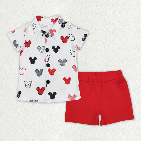 Baby Boy Short Sleeves Mouse Buttons Shirt Pockets Red Shorts Clothes Set RTS