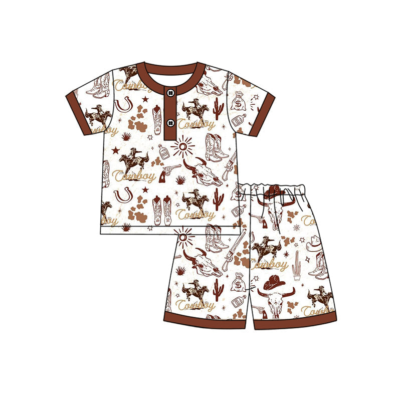 Preorder Baby Boy Western Rodeo Boots Shirt Shorts Pajamas Clothes Set ( Moq 5 )