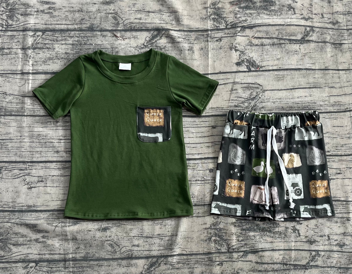 Baby Boy Short Sleeves Green Shirt Farm Animals Shorts Clothes Set RTS