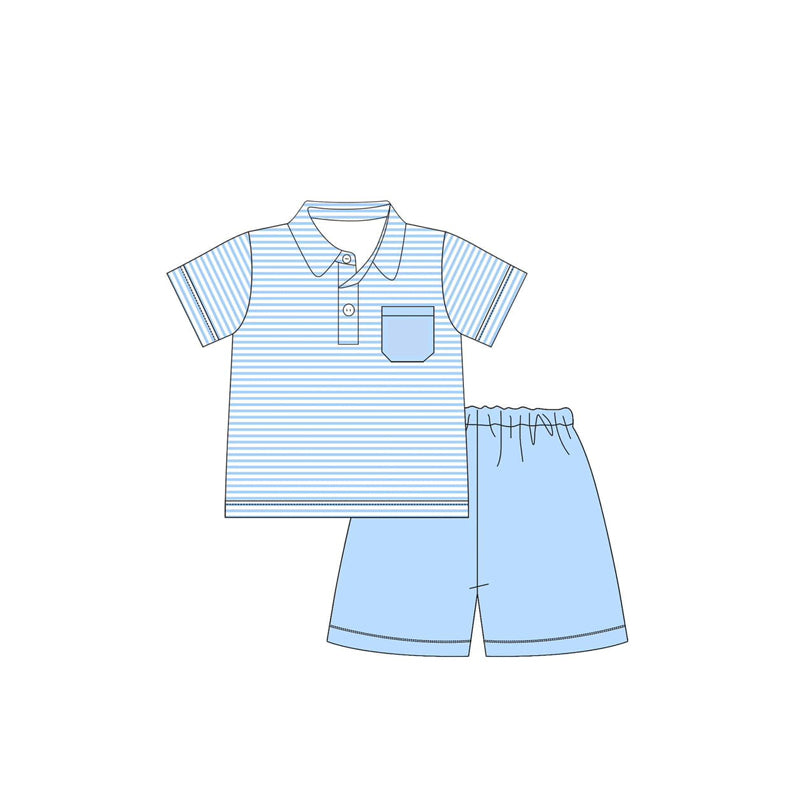 Preorder Baby Boy Short Sleeves Blue Stripes Buttons Shirt Shorts Clothes Set ( Moq 5 )