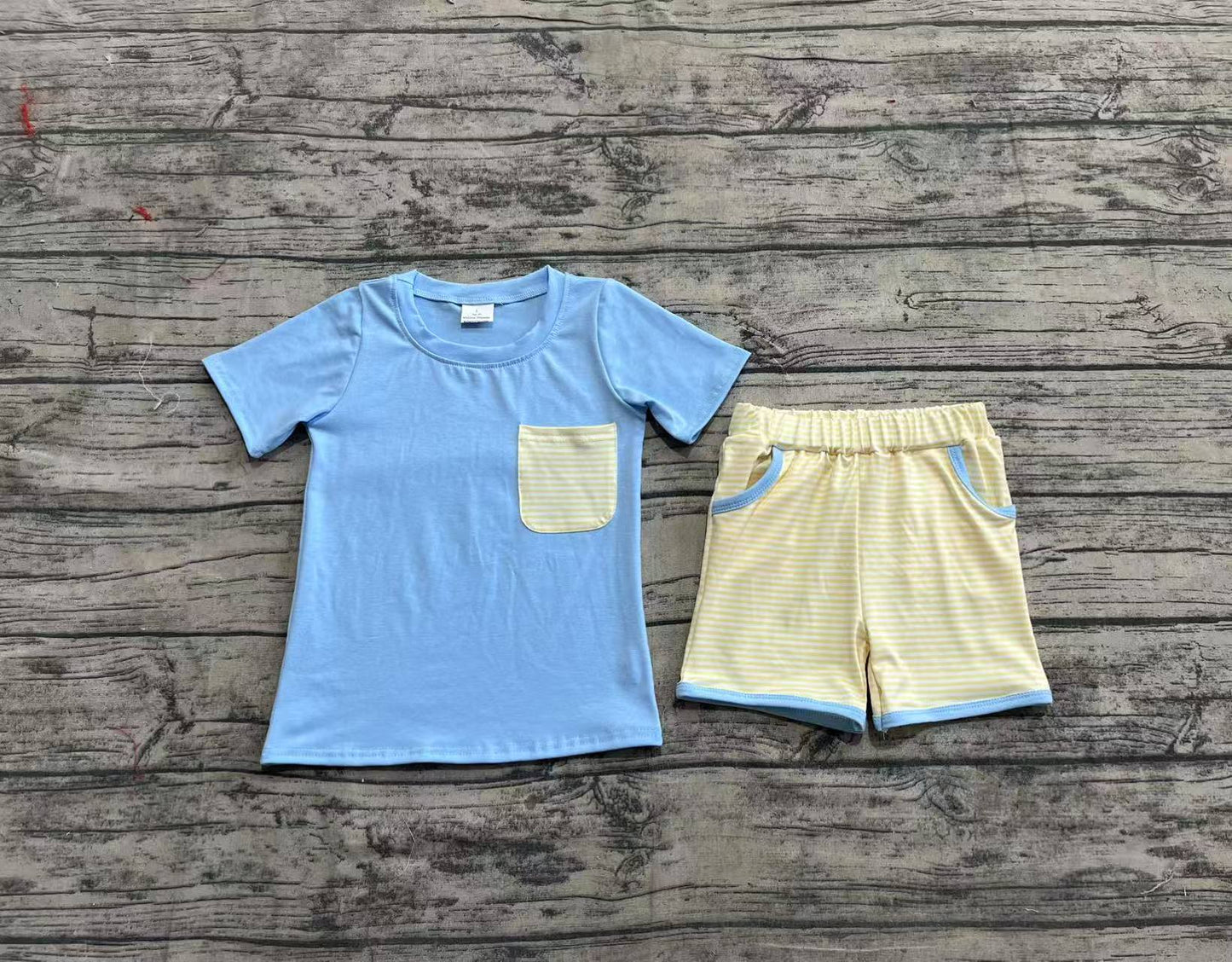 Baby Boy Short Sleeves Blue Shirt Pockets Stripes Shorts Clothes Set RTS
