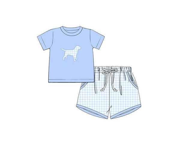 Preorder Baby Boy Short Sleeves Dog Shirt Checkered Shorts Clothes Blue Set ( Moq 5 )