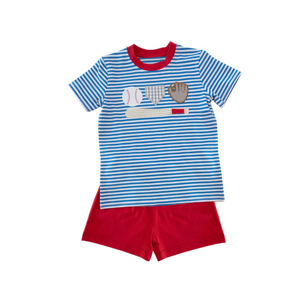 Preorder Baby Boy Short Sleeves Blue Stripes Baseball Shirt Red Short Set ( Moq 5 )