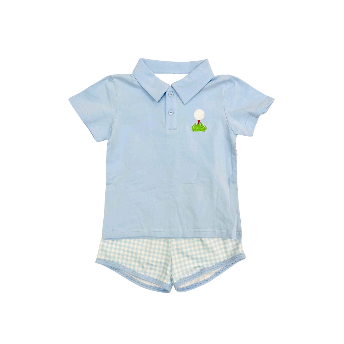 Preorder Baby Boy Short Sleeves Button Golf Blue Shirt Plaid Shorts Set ( Moq 5 )