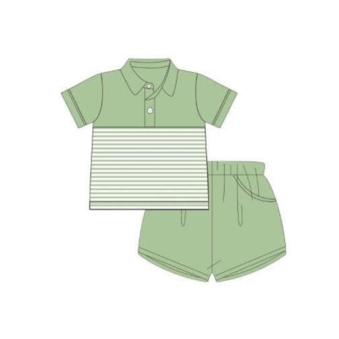 Preorder Baby Boy Short Sleeves Stripes Shirt Pockets Shorts Green Clothes Set ( Moq 5 )