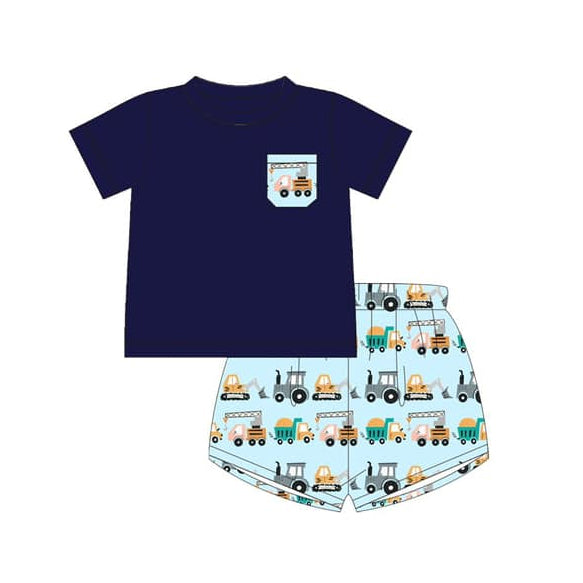 Preorder Baby Boy Short Sleeves Pocket Navy Shirt Trucks Short Clothes Set ( Moq 5 )