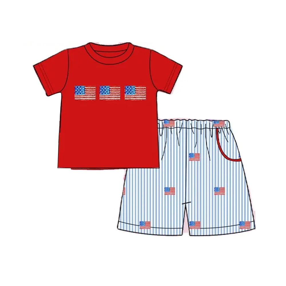 Preorder Baby Boy Short Sleeves Flags Red Shirt Stripes Pockets Short 4th Of July Set ( Moq 5 )