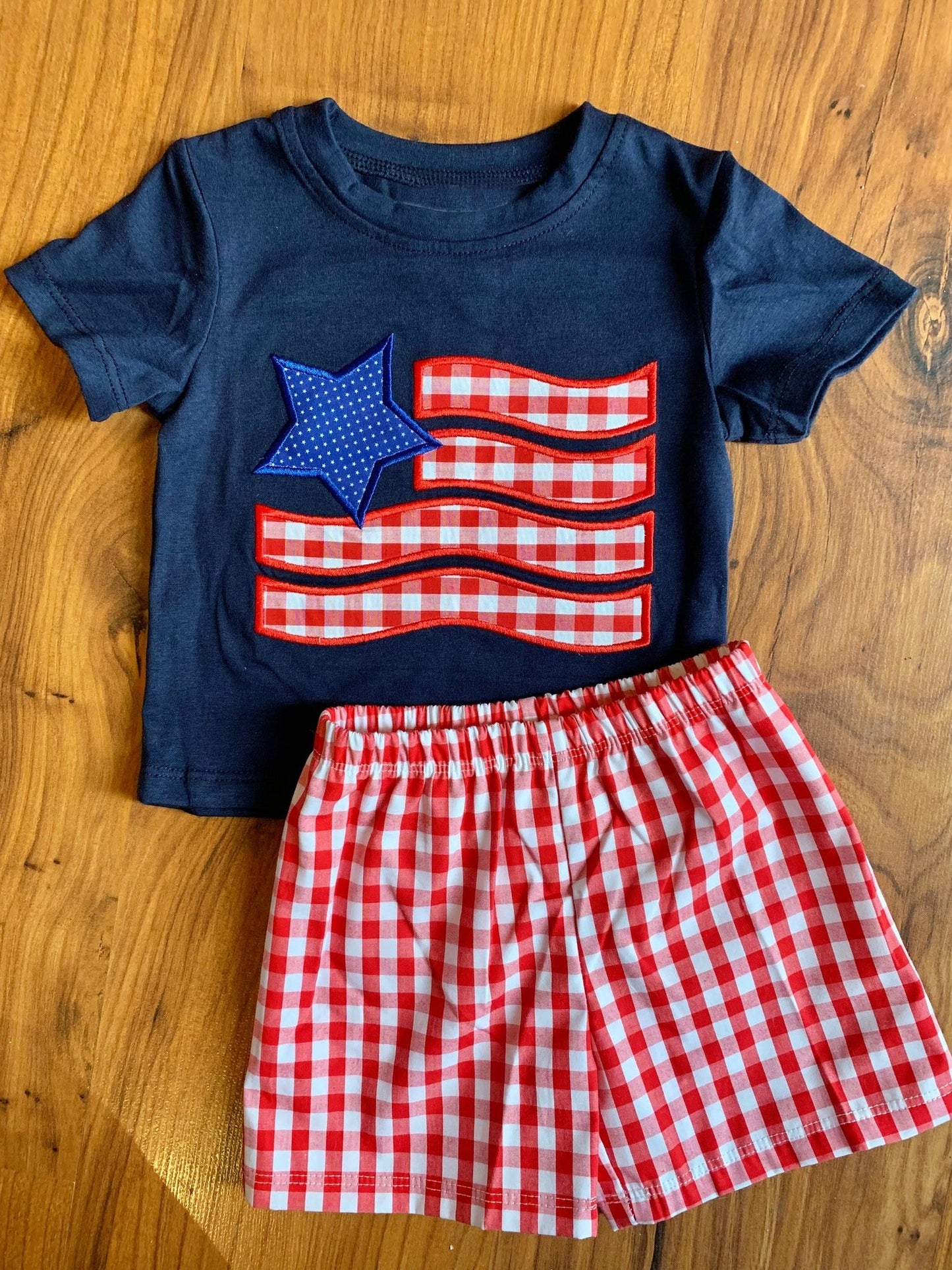 Preorder Baby Boy Short Sleeves Flag Star Shirt Plaid Short 4th Of July Clothes Set ( Moq 5 )