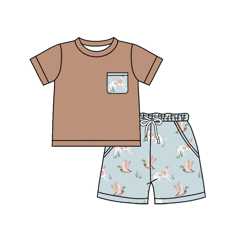 Baby Boy Short Sleeves Pocket Shirt Ducks Dogs Short Clothes Hunting Set RTS