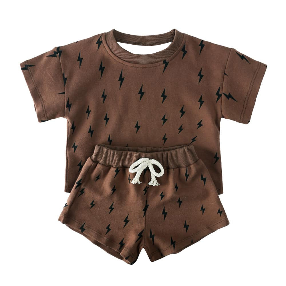 Preorder Baby Boy Short Sleeves Lightning Shirt Shorts Brown Pajamas Set ( Moq 5 )