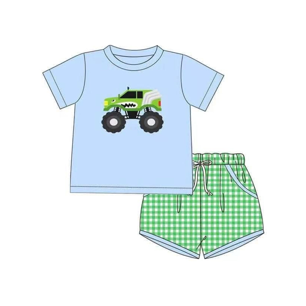Preorder Baby Boy Short Sleeves Truck Shirt Green Plaid Pockets Short Set ( Moq 5 )