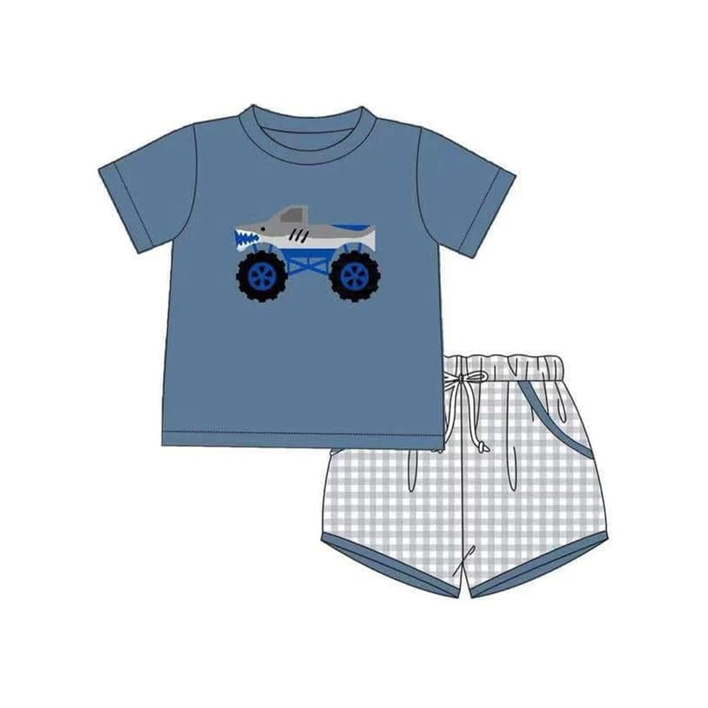 Preorder Baby Boy Short Sleeves Truck Blue Shirt Plaid Pockets Short Set ( Moq 5 )