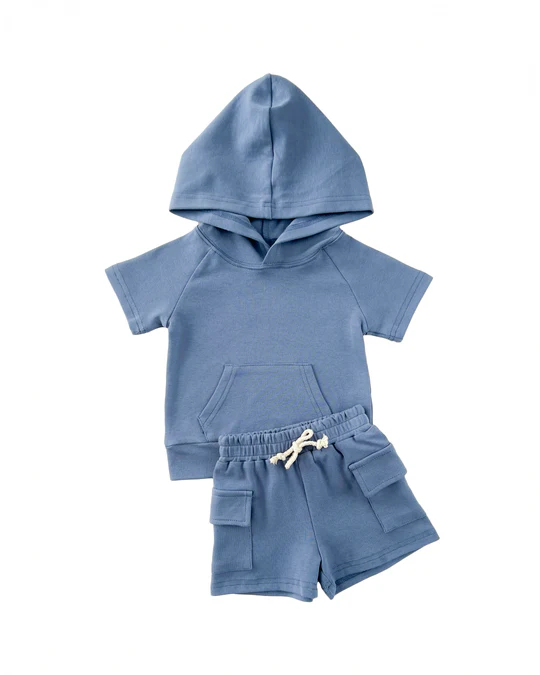 Baby Boys Blue Short Sleeves Preorder Baby Boy Blue Short Sleeves Hoodie Shirt Pockets Shorts Set ( Moq 5 )Hoodie Top Short Set Preorder