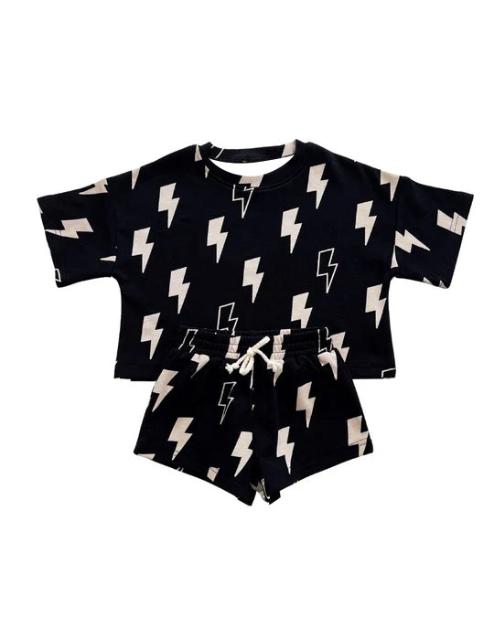 Preorder Baby Kids Toddler Black Short Sleeves Lightning Shirt Shorts Pajamas Set( Moq 5 )
