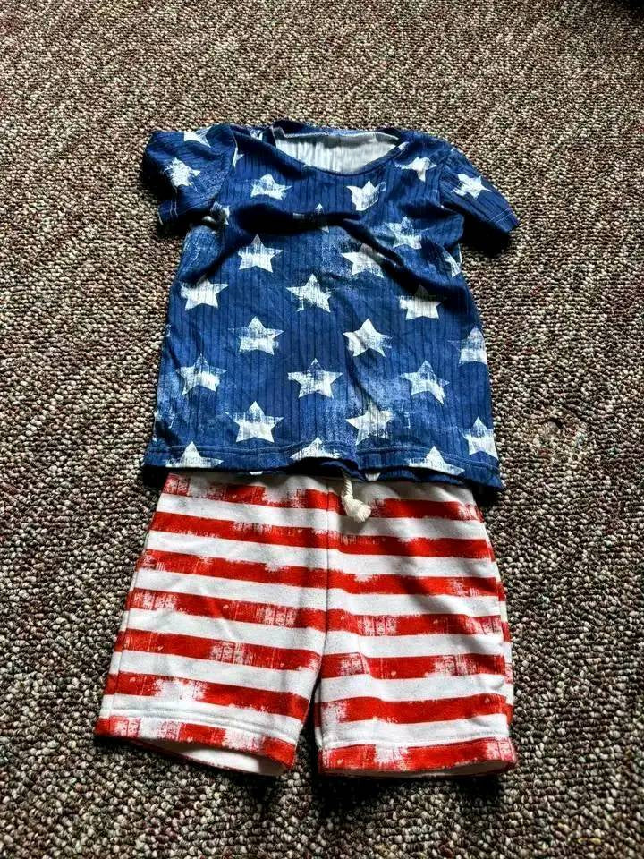 Preorder Baby Boy 4th Of July Short Sleeves Stars Blue Shirt Red Stripes Shorts Set ( Moq 5 )