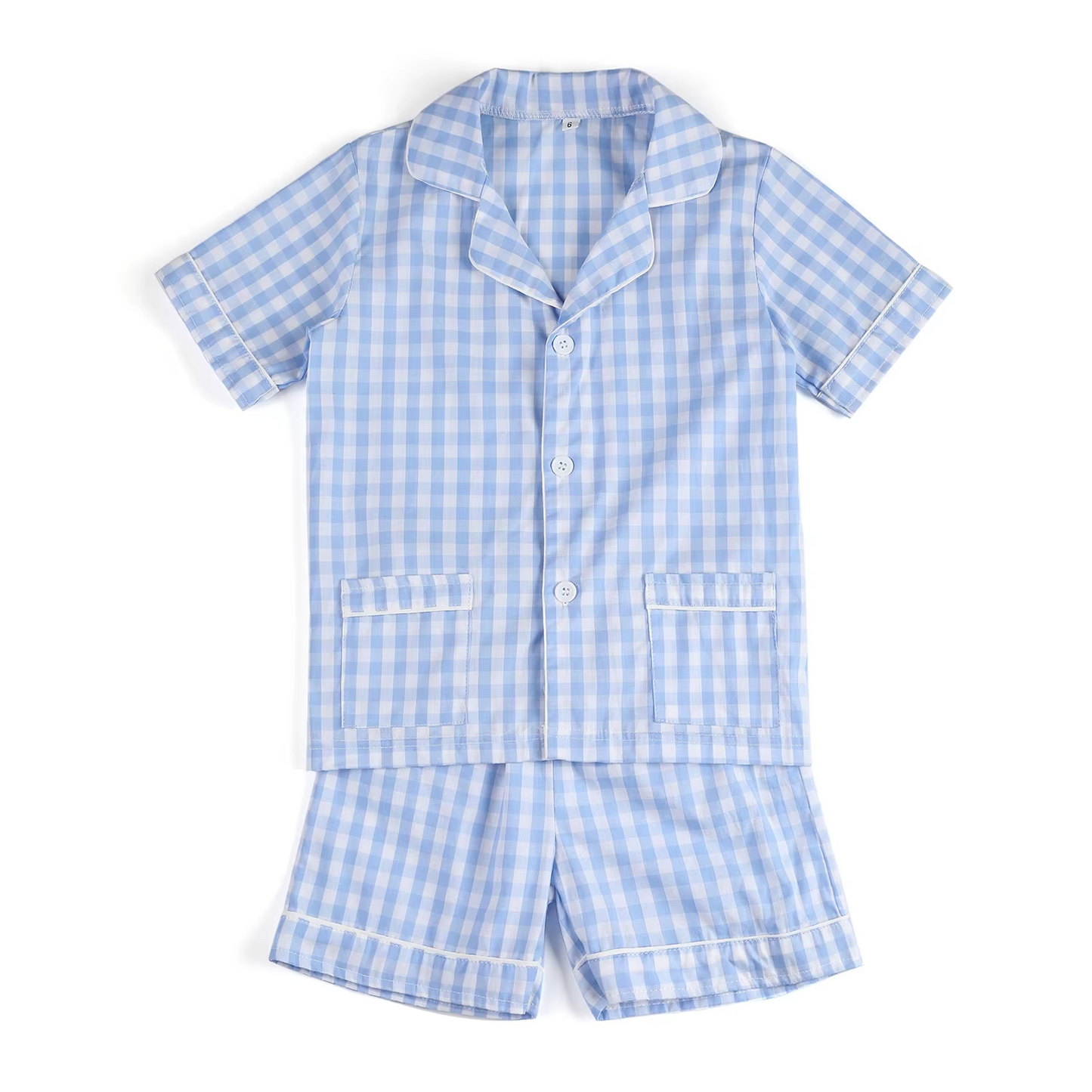Preorder Baby Boy Short Sleeves Pockets Buttons Shirt Blue Checked Shorts Pajamas Set ( Moq 5 )