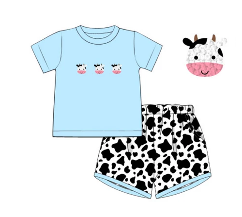 Preorder Baby Boy Toddler Short Sleeves Farm Cow Blue Shirt Shorts Set ( Moq 5 )