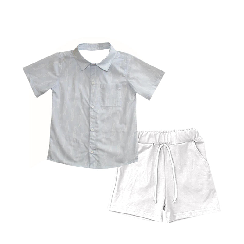 Preorder Baby Boy Short Sleeves Fish Buttons Shirt Pockets Shorts Set ( Moq 5 )