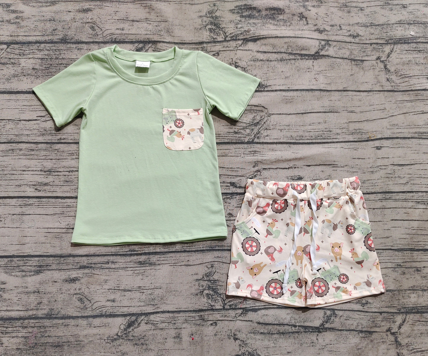 Baby Boy Short Sleeves Pocket Green Shirt Farm Animals Tractors Shorts Set RTS