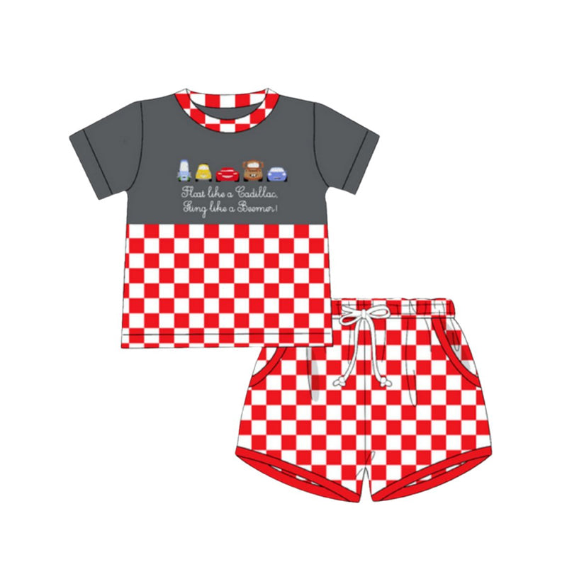 Preorder Baby Boy Short Sleeves Cartoon Car Tunic Red Plaid Pockets Shorts Set( Moq 5 )