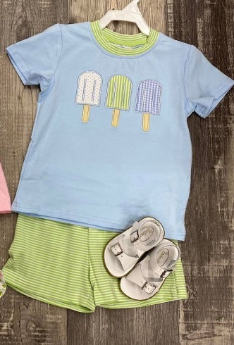 Preorder Baby Boy Short Sleeves Popsicles Shirt Green Stripes Shorts Set ( Moq 5 )
