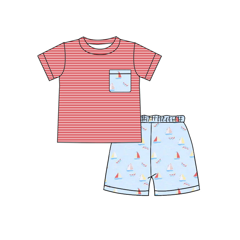 Preorder Baby Boy Short Sleeves Pocket Stripes Shirt Boats Shorts Set ( Moq 5 )