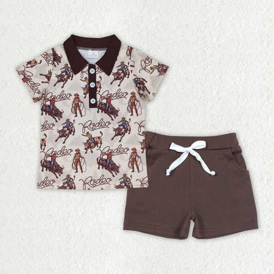Baby Boy Short Sleeves Western Rodeo Buttons Shirt Brown Pockets Shorts Set RTS