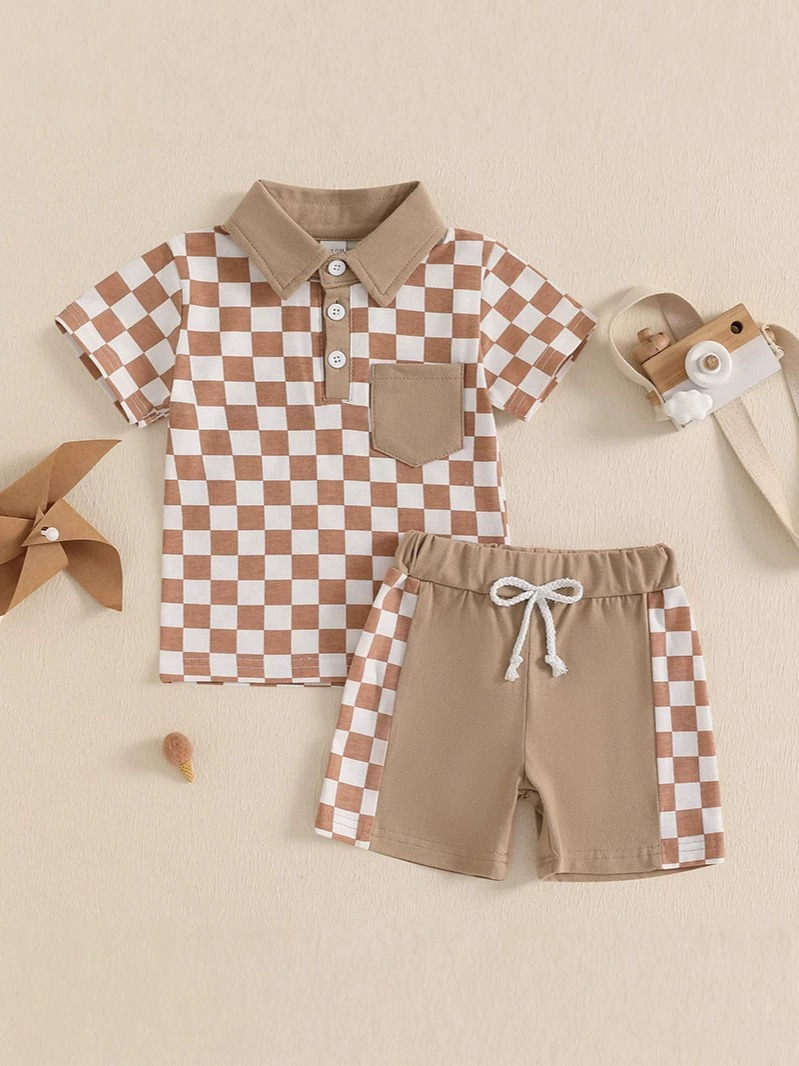 Preorder Baby Boy Short Sleeves Plaid Buttons Pocket Shirt Shorts Khaki Set ( Moq 5 )