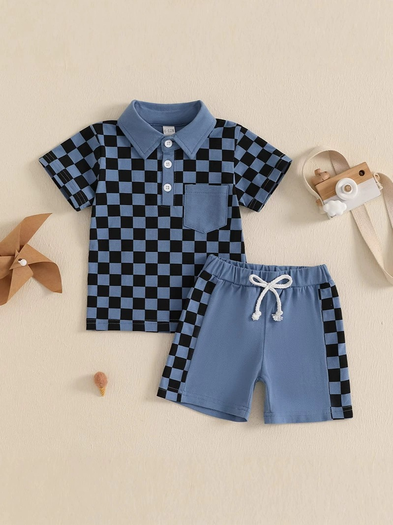 Preorder Baby Boy Short Sleeves Plaid Buttons Pocket Shirt Blue Shorts Set ( Moq 5 )