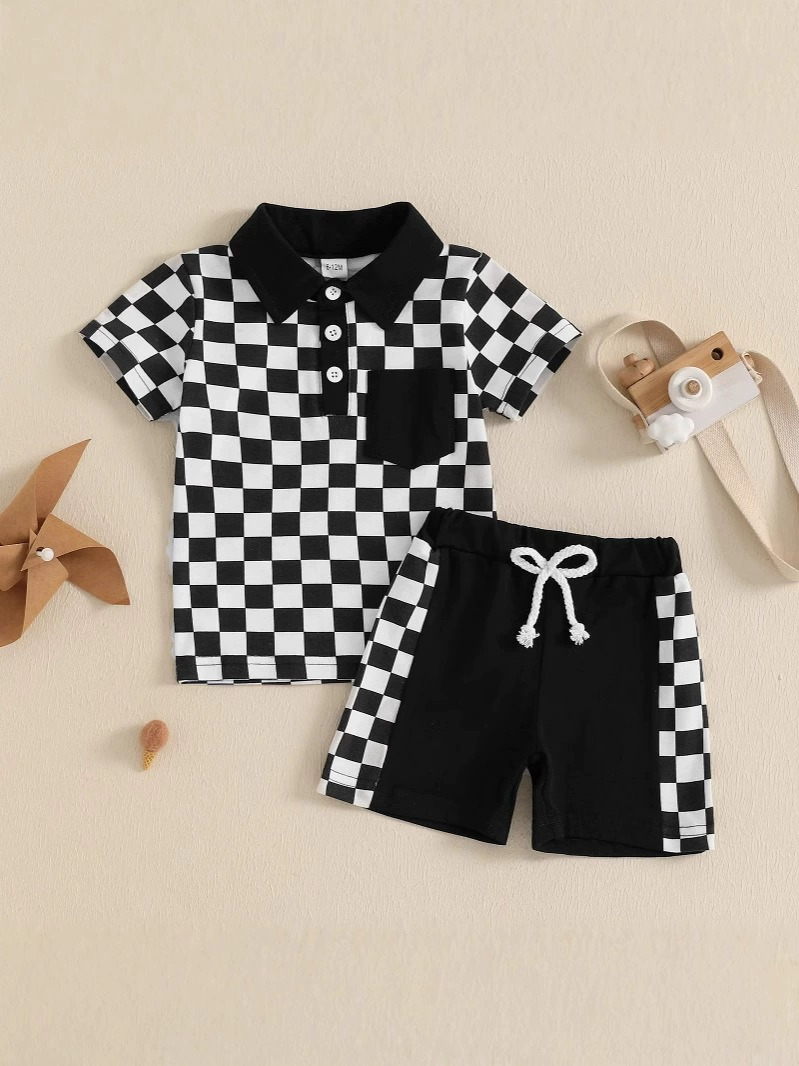 Preorder Baby Boy Short Sleeves Plaid Buttons Pocket Shirt Black Shorts Set ( Moq 5 )