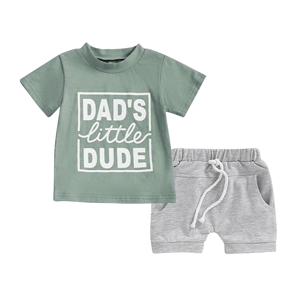 Preorder Baby Boy Green Short Sleeves Dad's Shirt Gray Pockets Shorts Set ( Moq 5 )